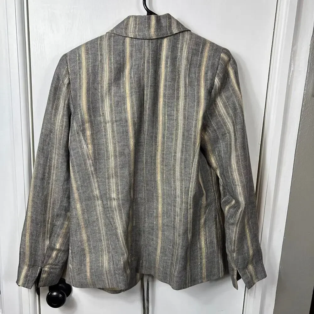 Harvé Bernard Gray & Gold Striped Linen Blend Tie Front Blazer, Size 8